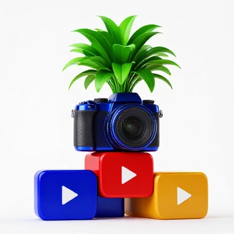 Vibrant plant balanced on a glossy camera atop play button blocks, symbolizing sustainable growth on YouTube.