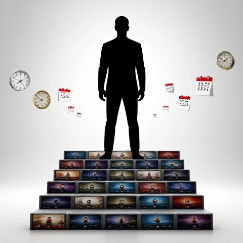 A confident creator silhouette stands atop video thumbnail steps lit brightly, with clocks and calendars fading into the luminous background.