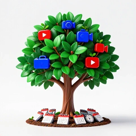 Vibrant tree with camera and video icons growing from branches, rooted in clocks and calendar pages, symbolizing sustainable creator habits and long-term success.
