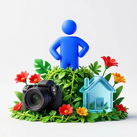 A confident creator icon balances on a vibrant vine bridging a camera and home in a bright studio scene.
