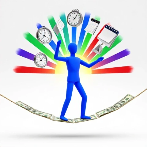 Abstract figure balances on dollar bill tightrope, juggling clocks and calendar pages with sunrise rays behind.