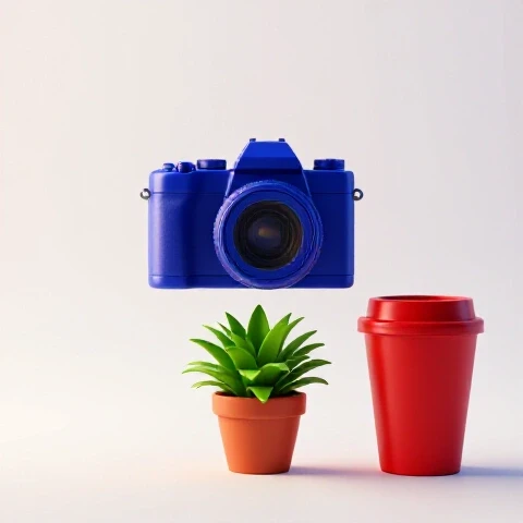 Sunrise workspace with a blue camera, green plant, and red coffee cup forming a triangle on a luminous background.