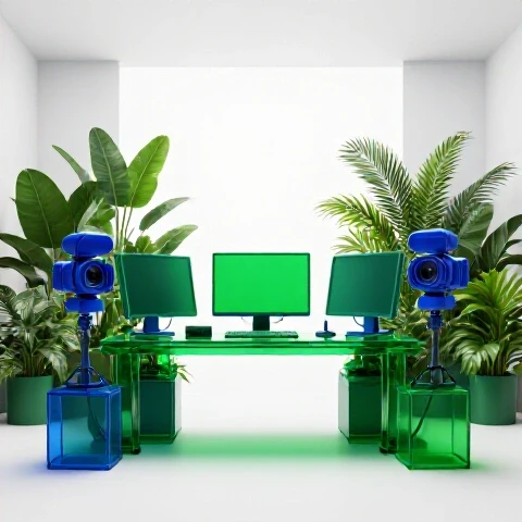 Eco-friendly video gear made from green materials surrounded by lush plants in a luminous workspace.