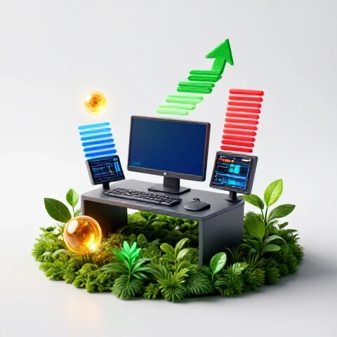 Vivid video creation setup with glowing orbs, progress bars, and lush greenery symbolizing balanced, sustainable growth.