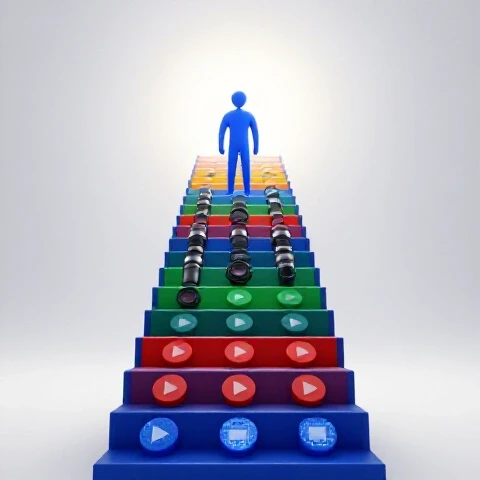Abstract creator figure atop camera gear staircase, vivid colors, looking toward bright horizon on white backdrop.