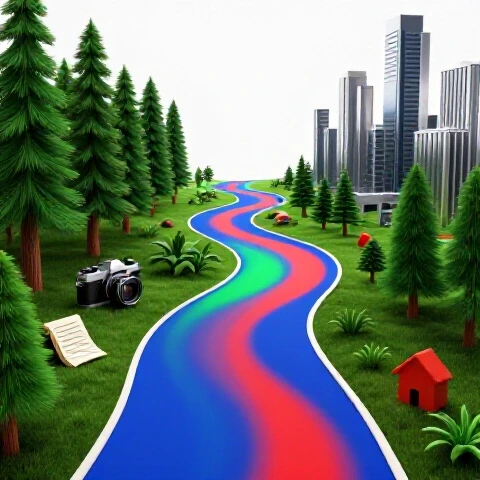Vibrant winding path through stylized studio, forest, and city scenes, symbolizing balanced creator lifestyle