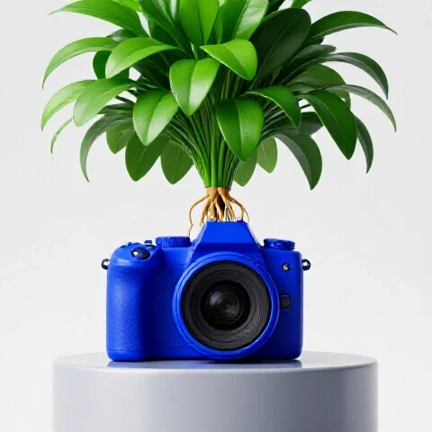 A vivid camera and rooted green plant balanced together on a pedestal against a bright studio background.