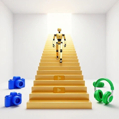 A symbolic creator climbs golden play button stairs from a workspace toward a bright horizon, reflecting YouTube growth.