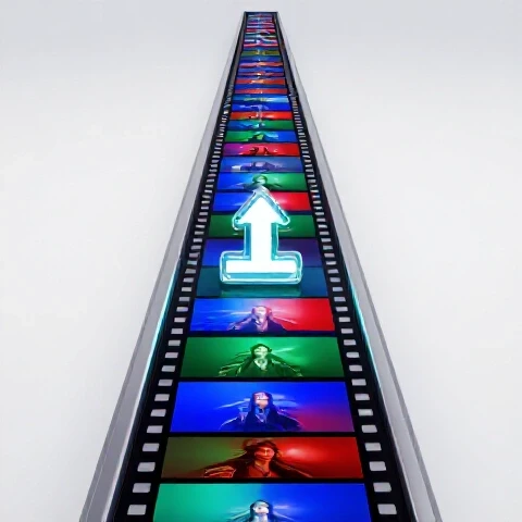 Vibrant film strip conveyor carrying colorful video thumbnails toward a glowing upload icon on a bright background.