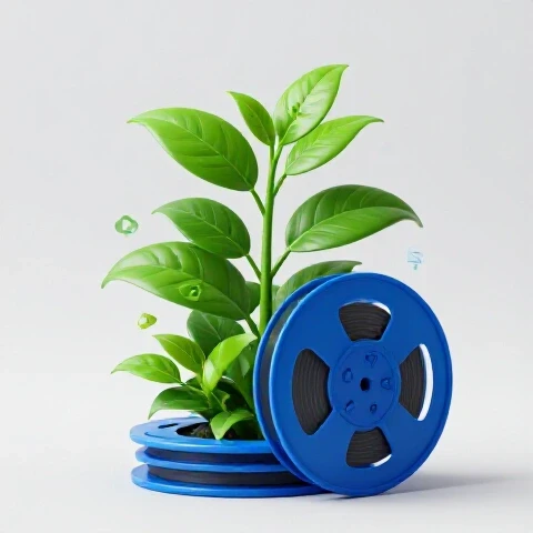 A vibrant green plant grows from a blue film reel, surrounded by digital video icons and eco-friendly symbols on a bright background.