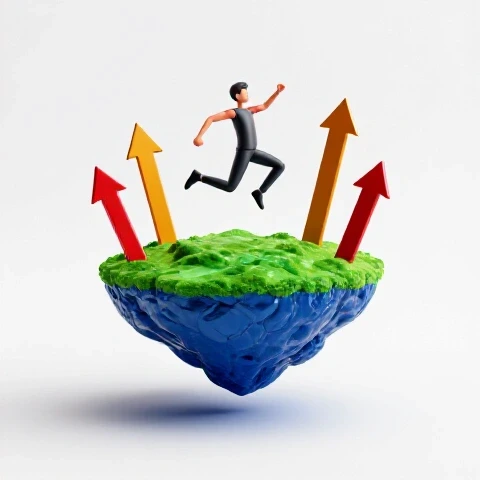 Dynamic abstract figure leaps from a small blue island to a larger green island with upward arrows, symbolizing growth and transition.