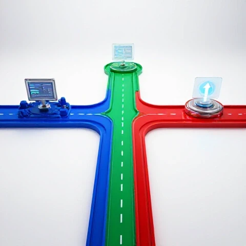 Vibrant crossroads with three diverging colored paths leading to different YouTube tool icons, set in a bright studio scene.