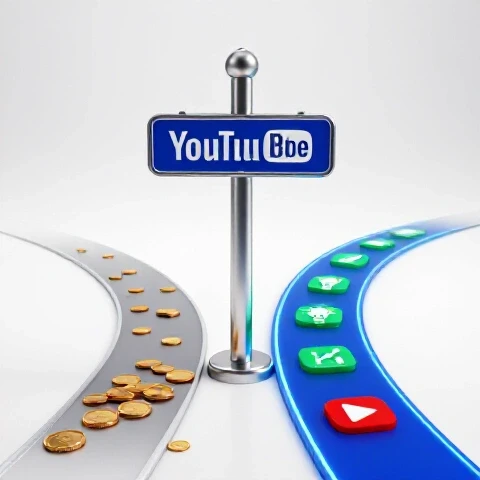 A dramatic crossroads sign stands center on a white background, one path dull with falling coins, the other bright with vivid icons representing new opportunities.