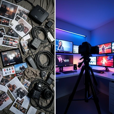 Split image showing chaotic, cluttered low-quality YouTube setup on one side and a clean, vibrant high-quality studio on the other.