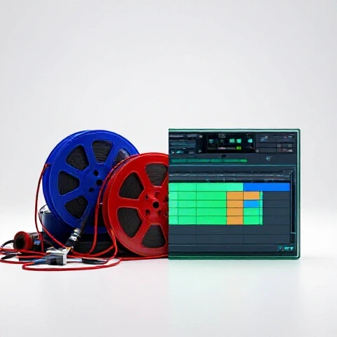 Split-screen showing chaotic film reels and editing tools beside a sleek digital timeline with vibrant video clips.