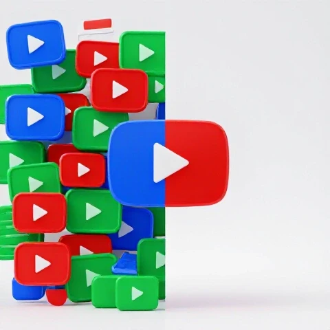 Split-image with cluttered YouTube icons and topics on one side and a single, focused icon on the other.