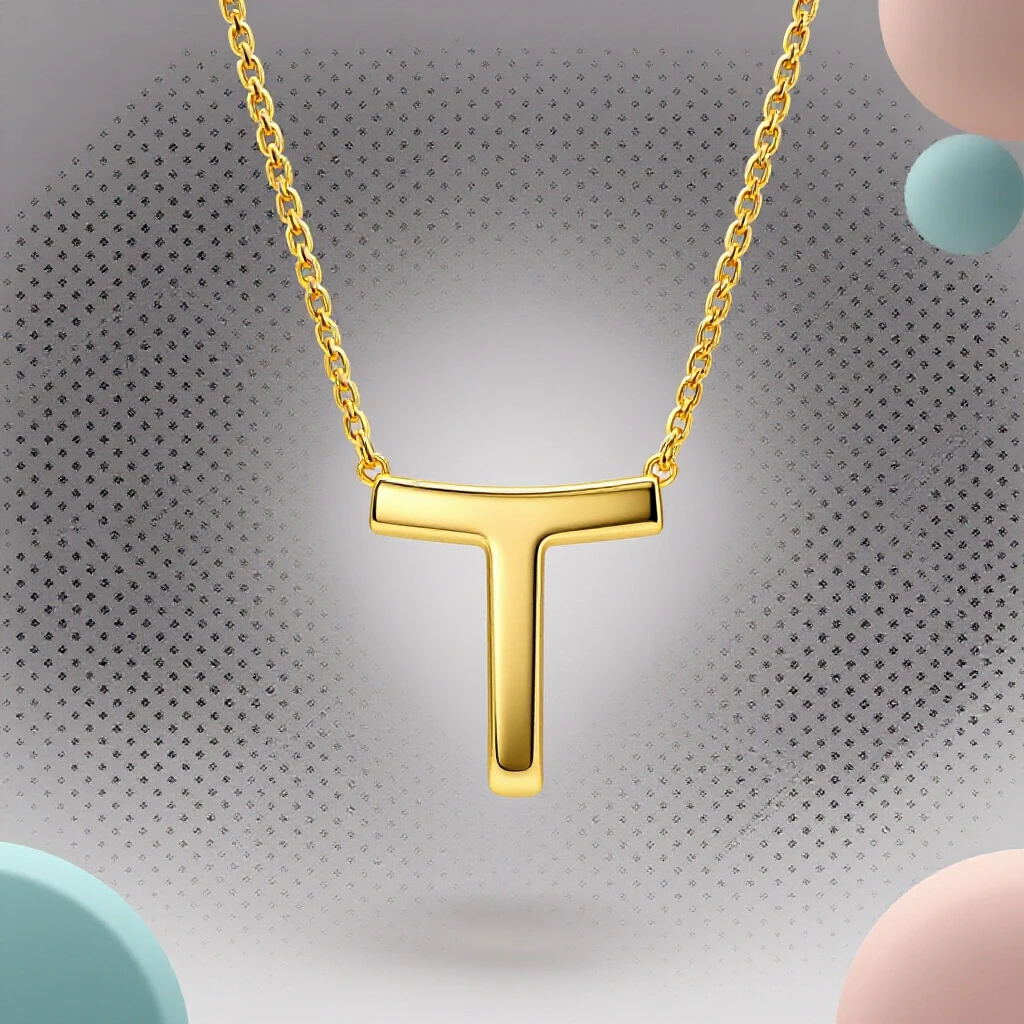 A sleek T-bar necklace displayed in elegant mid-air, surrounded by soft pastel geometric shapes, on a bright background.