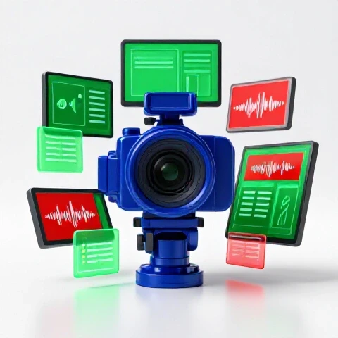 Central camera with editing screens and visual icons on bright white background, evoking video workflow setup.