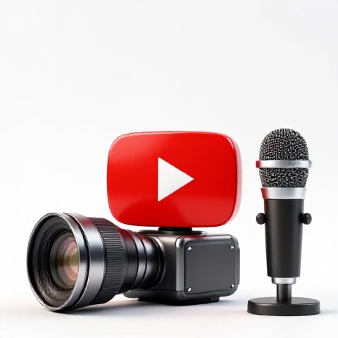 Glossy red play button, metallic camera lens, and modern microphone arranged on a bright white studio background.