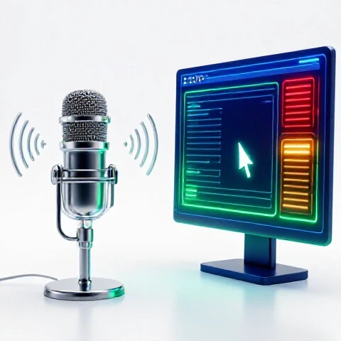 Split-screen image featuring a vibrant microphone with soundwaves next to a lively computer monitor, contrasting narration and digital tutorials.