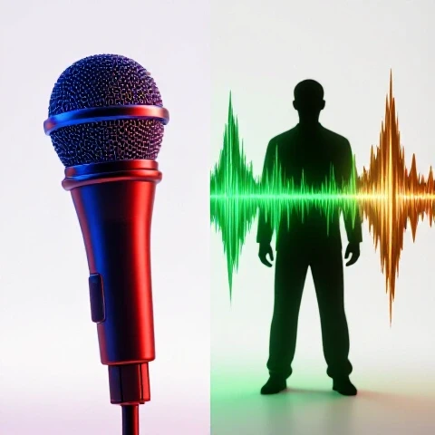 Split-screen with a vibrant microphone on one side and a silhouetted figure with colorful sound waves on the other, set in a bright studio scene.