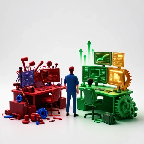 Split scene showing chaotic solo creator's cluttered tools and organized team workspace with rising engagement arrows.