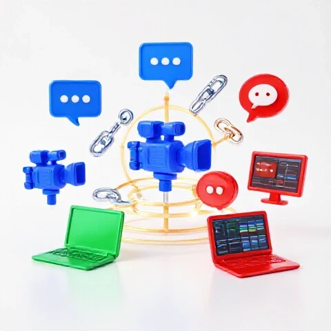 Vivid video tools and communication symbols linked by glowing lines on a bright studio background