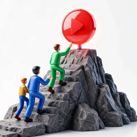 Abstract team climbs a rocky path toward a glowing play button, helping each other, on a bright white background.