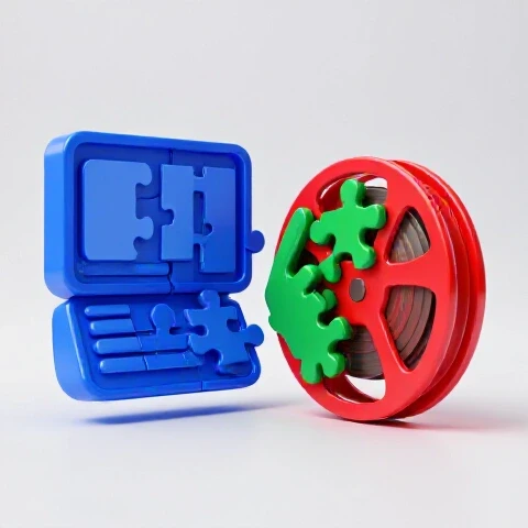 Two contrasting video editing symbols center stage: one rapidly assembling template puzzle pieces, the other sculpting a unique film reel, set against a bright split background.