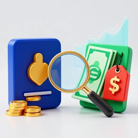 Split-screen 3D image of digital products with coins and bills, magnifying glass and charts, on bright background