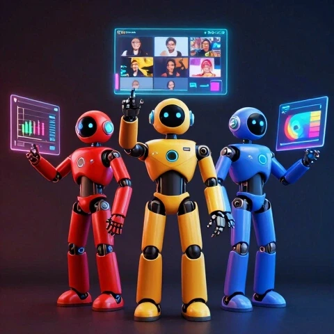 3D render of three distinct robot avatars comparing holographic video screens in a modern split-scene layout
