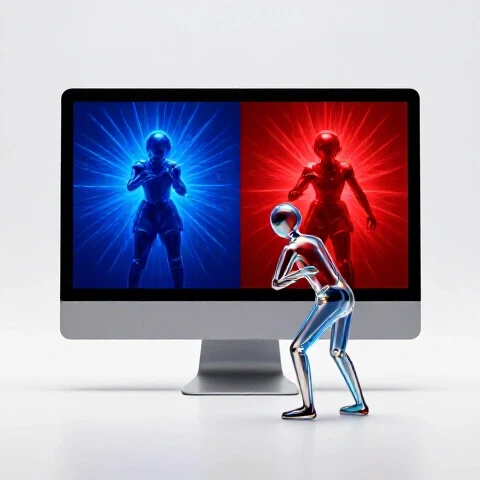 Split-screen of two vivid YouTube thumbnails on a computer display, examined by an abstract figure in a bright studio setting.