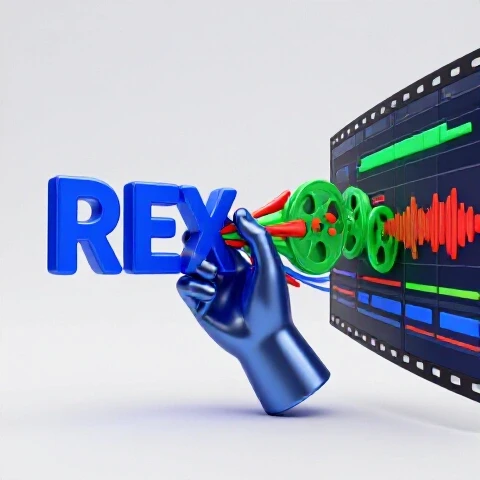 A glossy metallic hand edits colorful text transforming into a vibrant video timeline on a bright background.