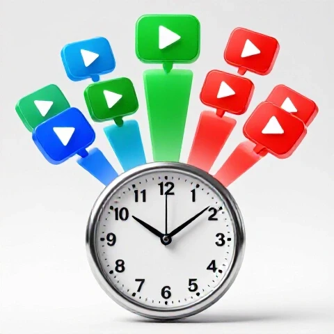 A vibrant clock transforming into ascending video play buttons against a bright, clean background.