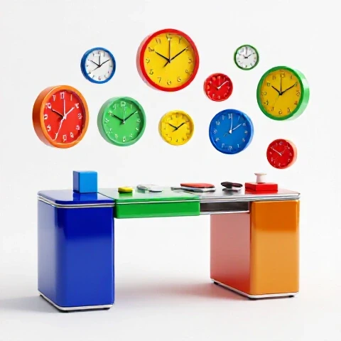 Colorful blocks and clocks arranged neatly on a sleek desk, symbolizing organized productivity.