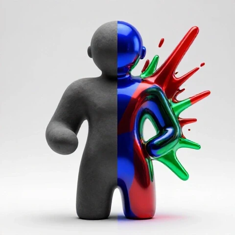 Split 3D scene showing a dull grey shape contrasting a vibrant, glossy colored object bursting with energy