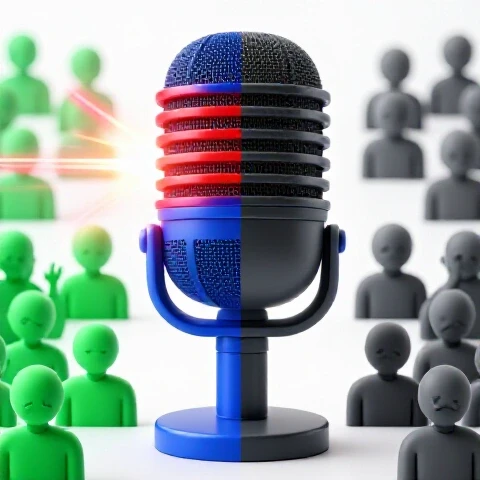 Split-screen image showing vibrant presenter symbols engaging an audience on one side, monotone symbols and bored figures on the other.