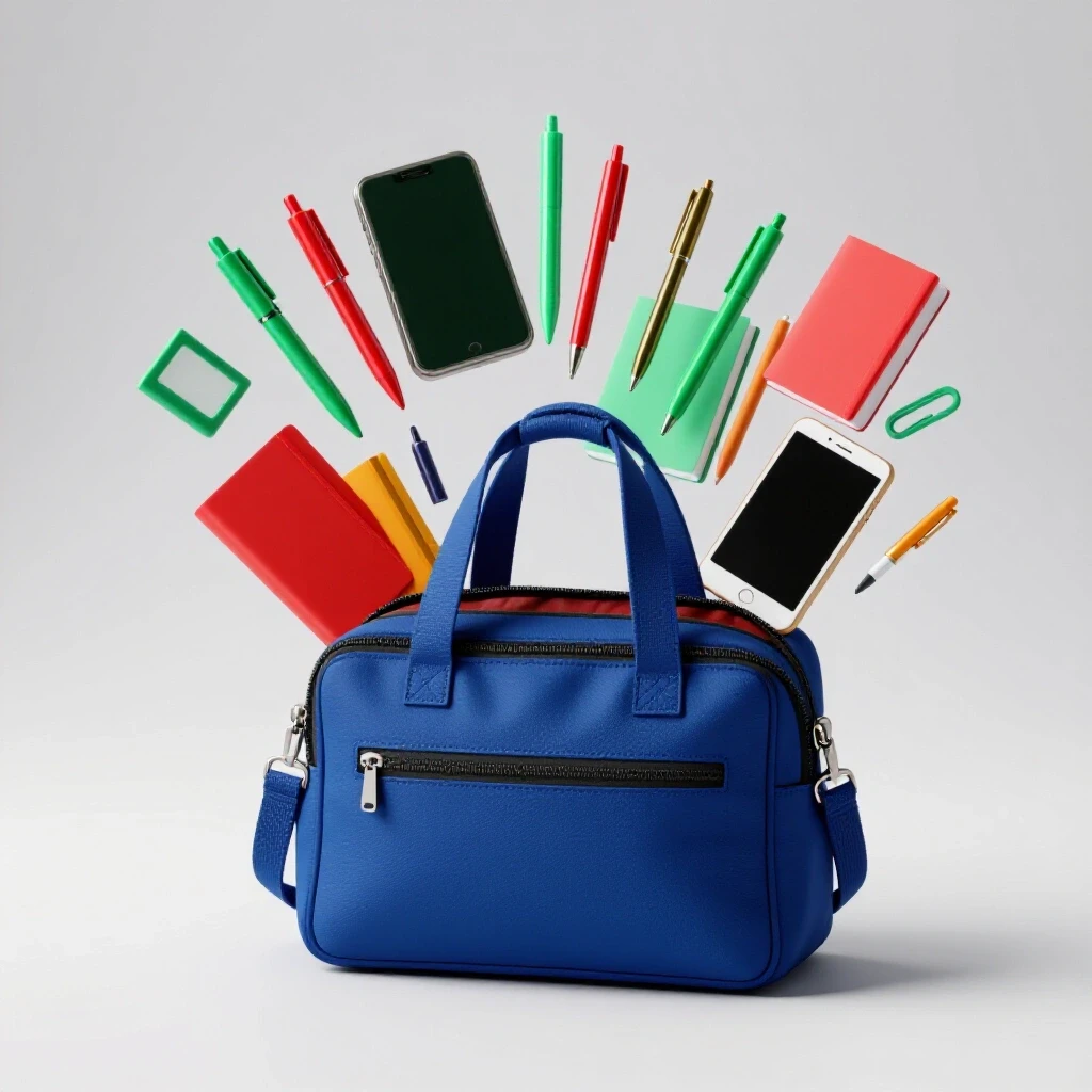 A vibrant top-zip commuter bag opens up to reveal colorful productivity tools floating around it, set against a bright backdrop.