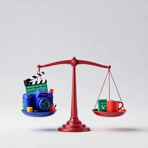 Dynamic balance scale displaying vibrant video tools and calendar icons on one side, and a serene workspace on the other, against a luminous white background with rich contrasting colors.