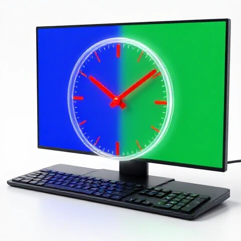 A split scene showing a modern digital workstation beside a glowing overlay of a ticking clock, emphasizing time tracking for creators.