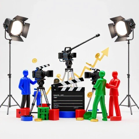 Colorful studio film equipment surrounded by gold coins and upward graphs, symbolizing team profitability