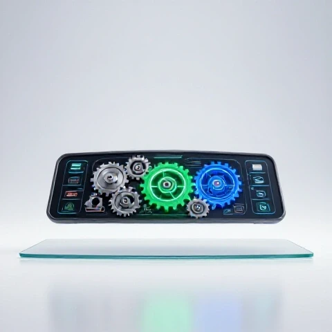 Intricate dashboard of colorful gears and digital icons with one glowing gear highlighted at the center, set on a bright studio background.