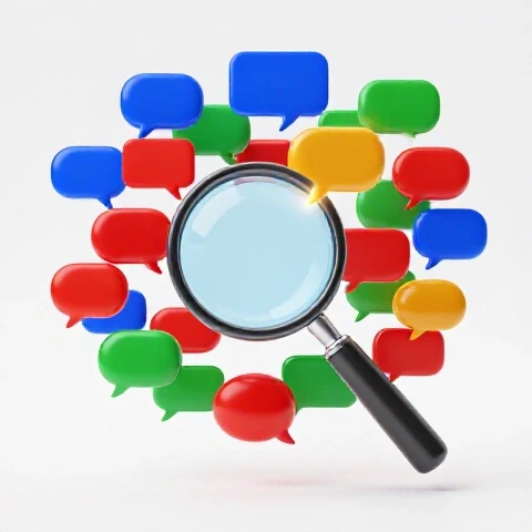 Magnifying glass hovering over swirling, colorful speech bubbles with glowing highlights in a bright studio scene.