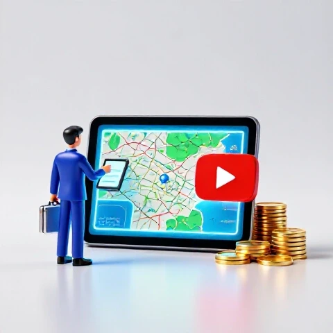 Split scene featuring a business-themed tablet showing a glowing treasure map leading to YouTube's play button and gold coins, set on a luminous background.