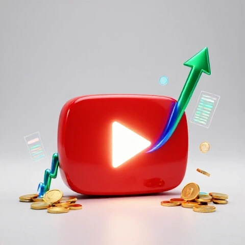 A glowing YouTube play button with an upward-trending graph, scattered coins, and floating data charts set against a bright studio background.