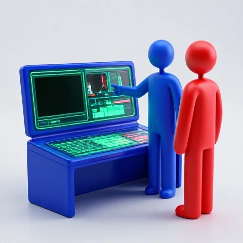 Mentor figure guiding a newcomer at a vivid video editing console with polished and raw video frames contrasted at center.