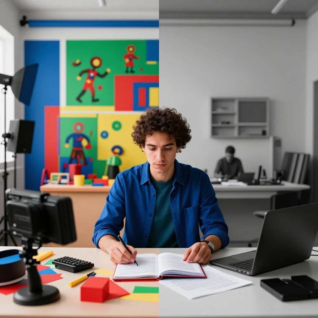 A dynamic split-image showing a colorful video creation environment contrasted with a dull copying scene.