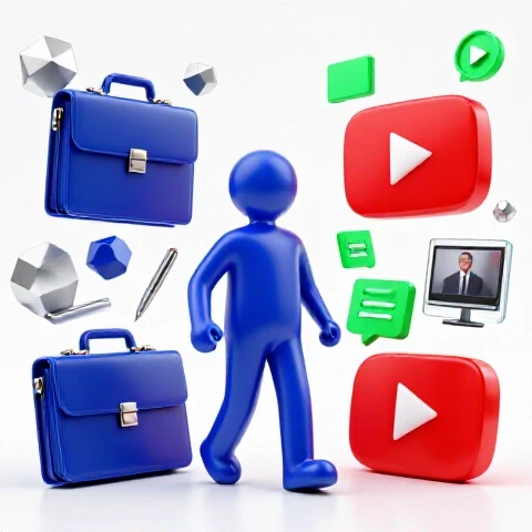 A dynamic split scene shows a formal corporate setting on one side and vibrant YouTube elements on the other, with a figure stepping between them.
