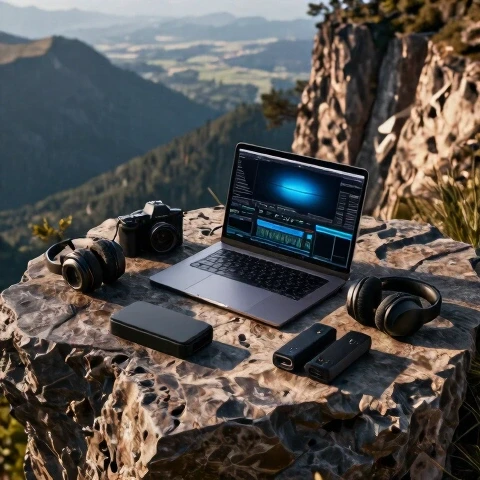 3D-rendered scene of a high-tech laptop and travel editing gear set up on a cliff, contrasting nature and technology.
