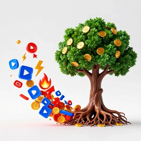 Dynamic scene splits between vibrant trending icons bursting upward and a flourishing tree with gold coins, highlighting the contrast between viral trends and lasting value.